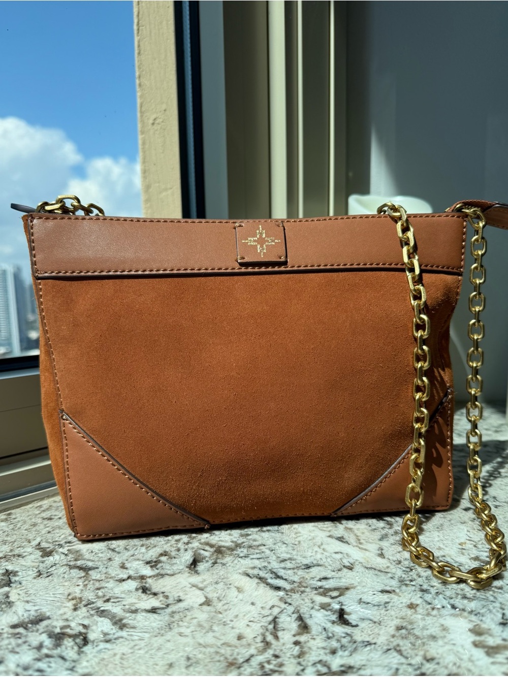 India Hicks Fall Suede Bridle Shoulder Bag & Clutch with Gold Chain - Cognac